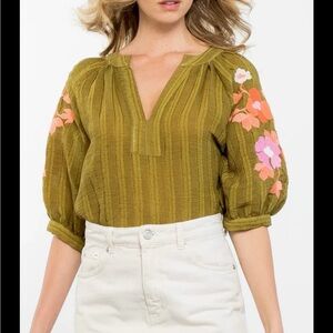 THML Olive Green Blouse with Floral Embroidery